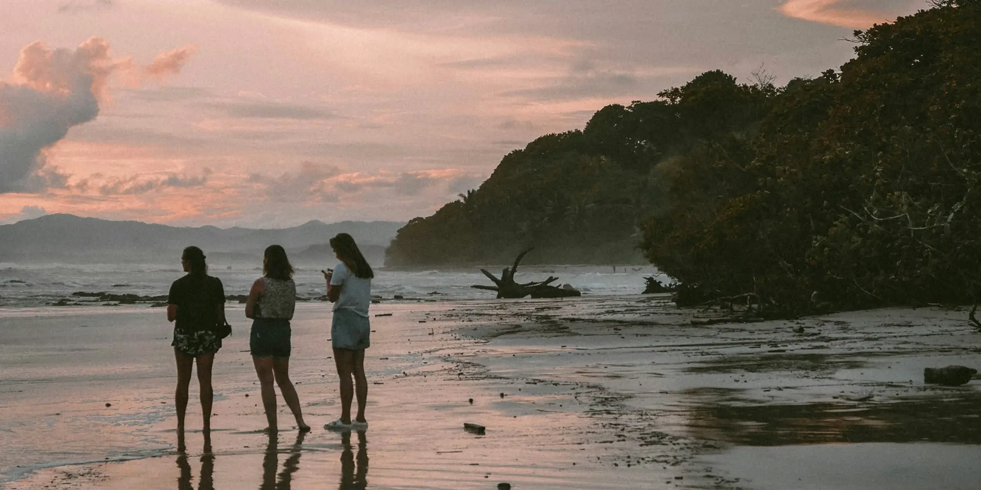 Drei menschen am strand bei sonnenunteregang in costa rica tauchen mit haien